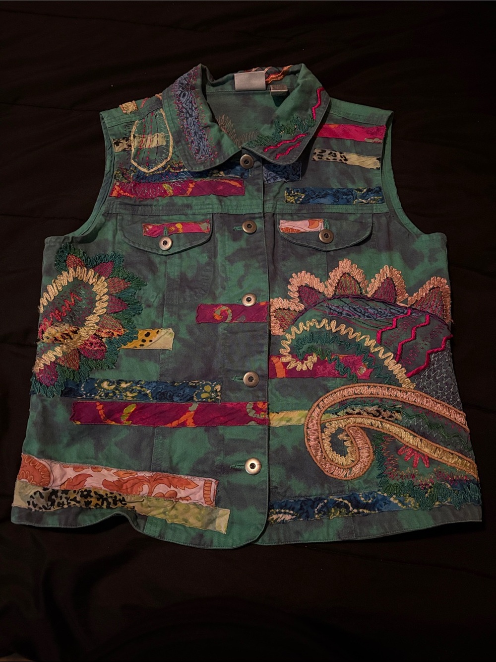 Chico's Teal Green Embroidered Vest with Multicolor Accents